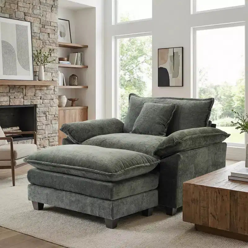 Poltrona d'accento in ciniglia con pouf, seduta singola, colori multipli