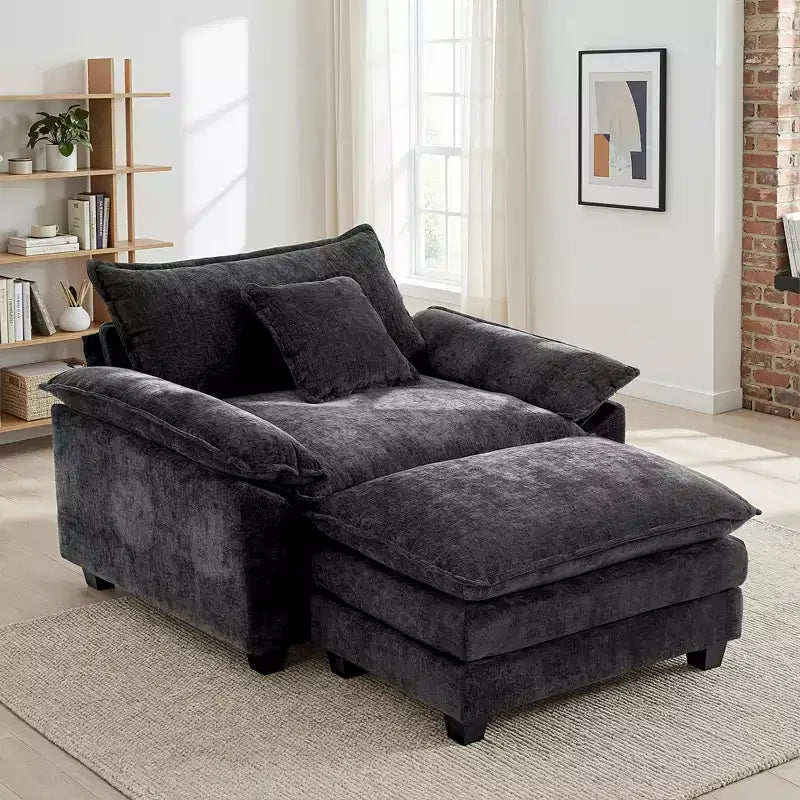 Poltrona d'accento in ciniglia con pouf, seduta singola, colori multipli