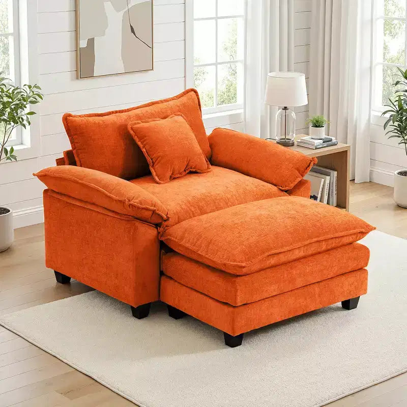 Poltrona d'accento in ciniglia con pouf, seduta singola, colori multipli