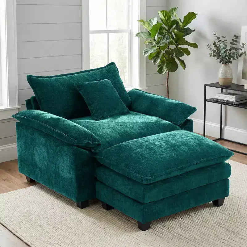 Poltrona d'accento in ciniglia con pouf, seduta singola, colori multipli