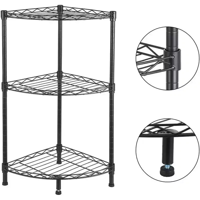 Scaffale angolare a 3 ripiani, nero, struttura triangolare in metallo, utente singolo