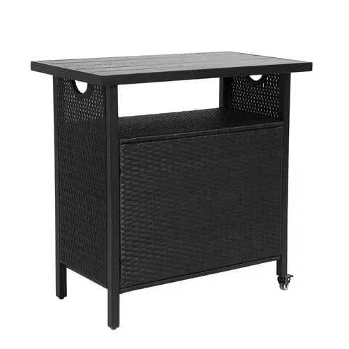 NAYSAYE Bar Serving Cart Outdoor Wicker Wine and Beverage Storage with Plastic Wood Top for Patio , Black, 35.43*19.69*35.43