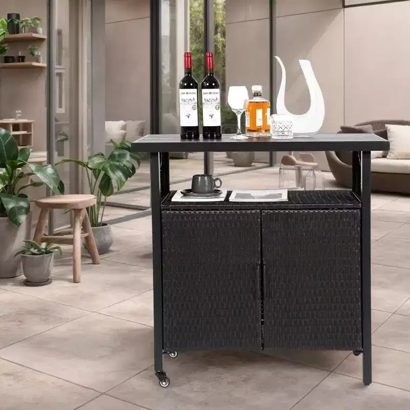 Carrello da Bar da Esterno in Rattan Nero con Piano in Legno, Uso per 1 Persona