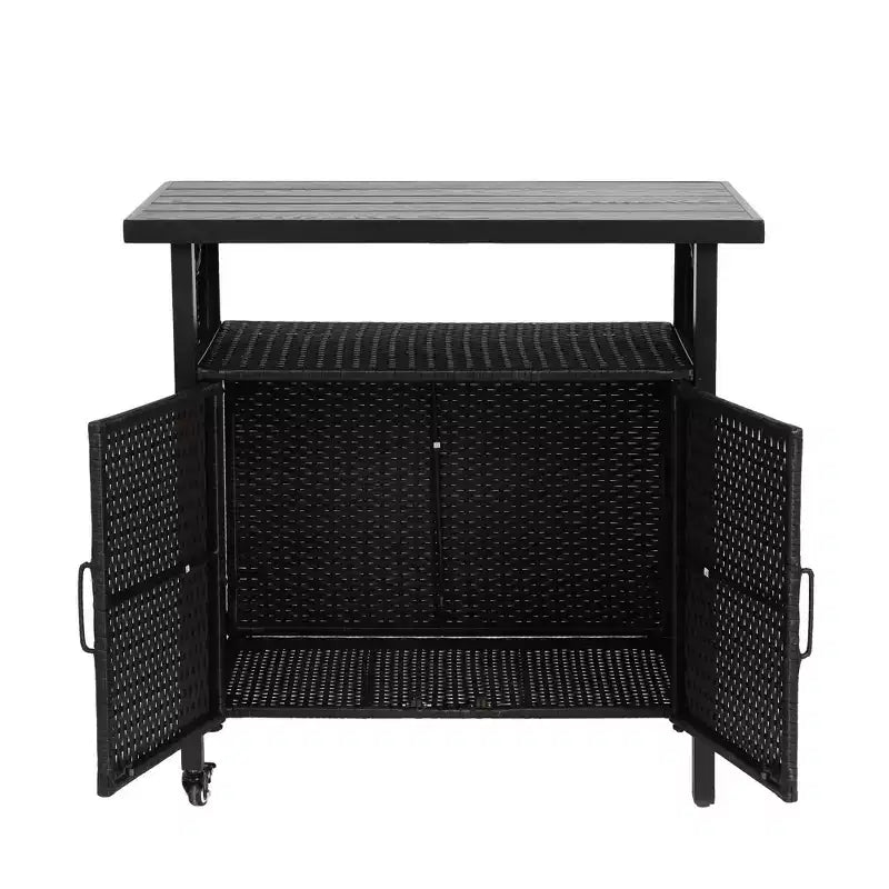 Carrello da Bar da Esterno in Rattan Nero con Piano in Legno, Uso per 1 Persona