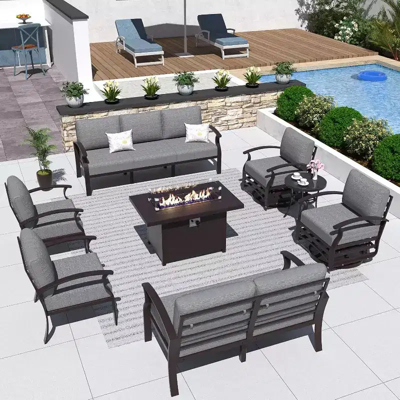 ALAULM Set di mobili da giardino in alluminio con tavolo braciere a propano, mobili da esterno in metallo a 10 posti, grigio