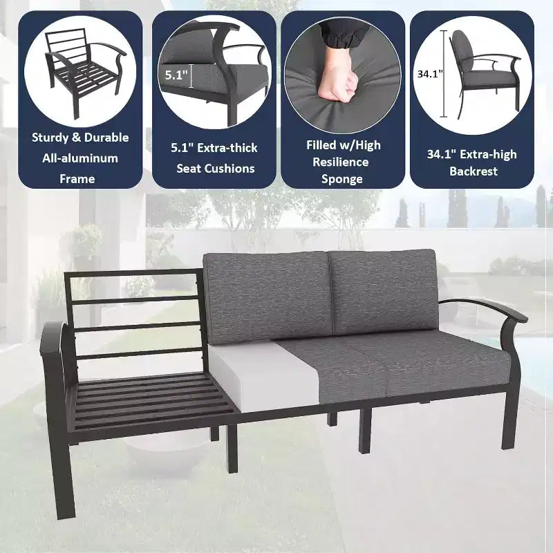 ALAULM Set di mobili da giardino in alluminio con tavolo braciere a propano, mobili da esterno in metallo a 10 posti, grigio
