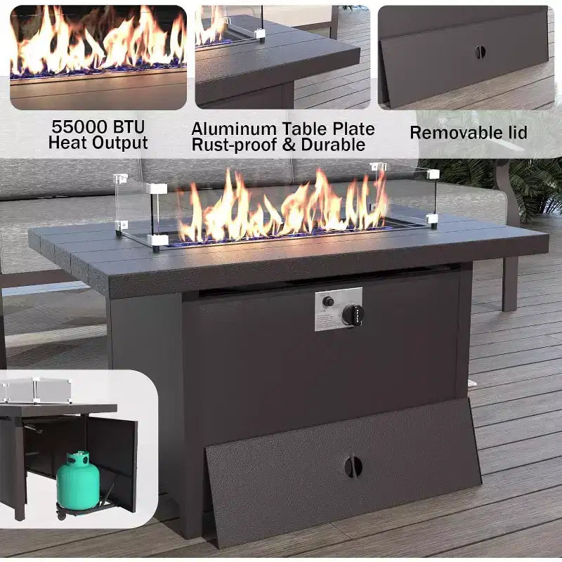 ALAULM Set di mobili da giardino in alluminio con tavolo braciere a propano, mobili da esterno in metallo a 10 posti, grigio