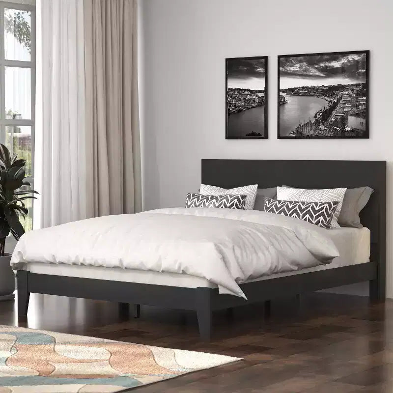 Letto a piattaforma Queen nero con testiera, 1 piazza