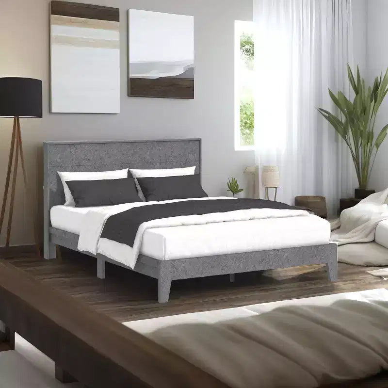 Letto matrimoniale Concrete Cool Grey con pannello e testiera, 2 posti letto