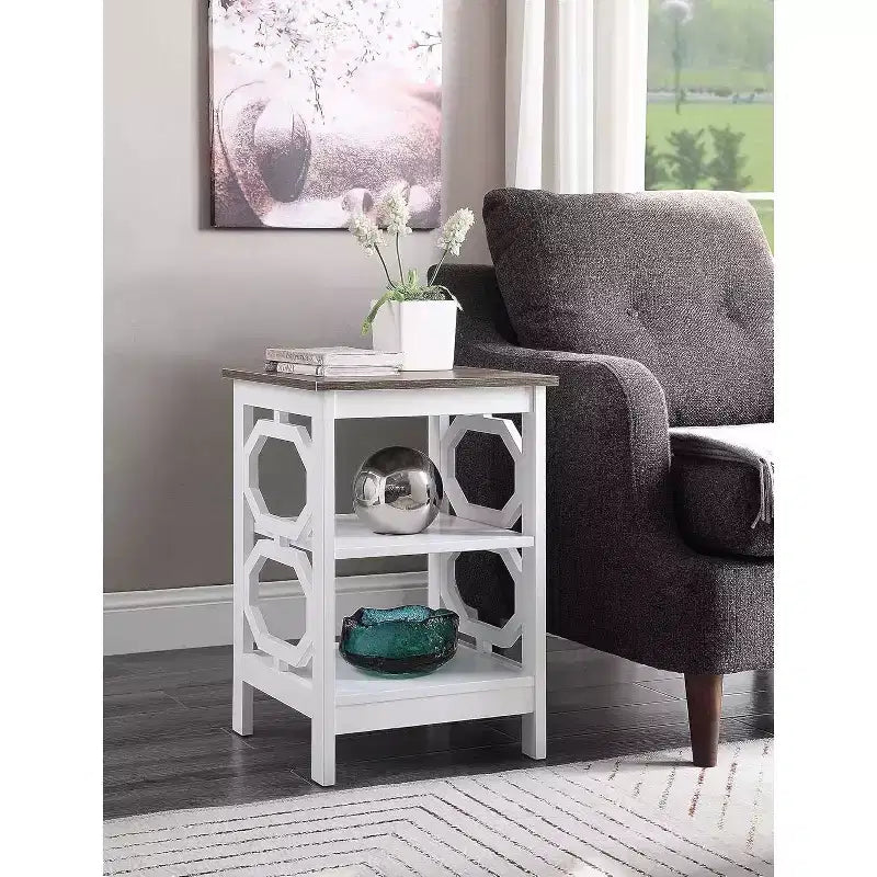 Tavolino con Taglio Ottagonale Geometrico Bianco, 3 Ripiani, Singolo