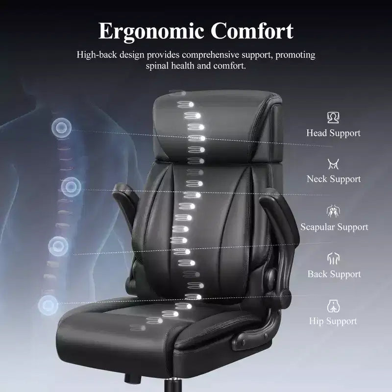 Sedia da ufficio ergonomica in pelle PU nera con supporto lombare, sedile singolo