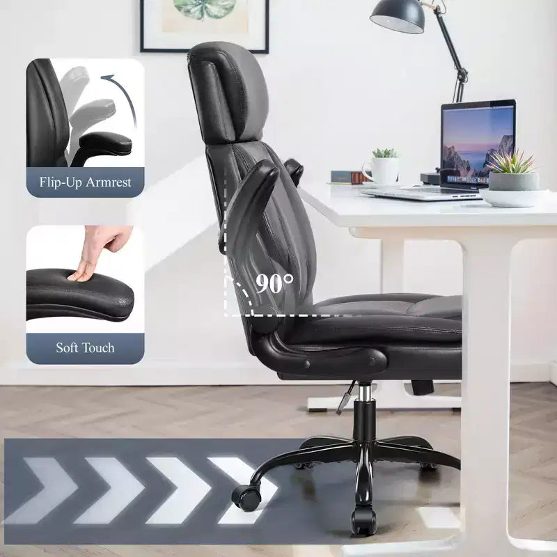 Sedia da ufficio ergonomica in pelle PU nera con supporto lombare, sedile singolo