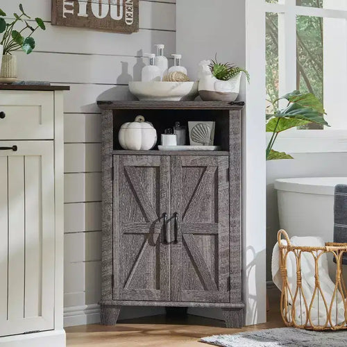 Dcolora Corner Bathroom Cabinet, Farmhouse Small Corner Cabinet with Barn Door