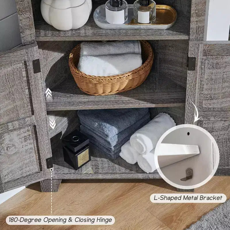 Mobile bagno angolare da fattoria marrone con anta scorrevole a granaio, 1 posto, 3 ripiani