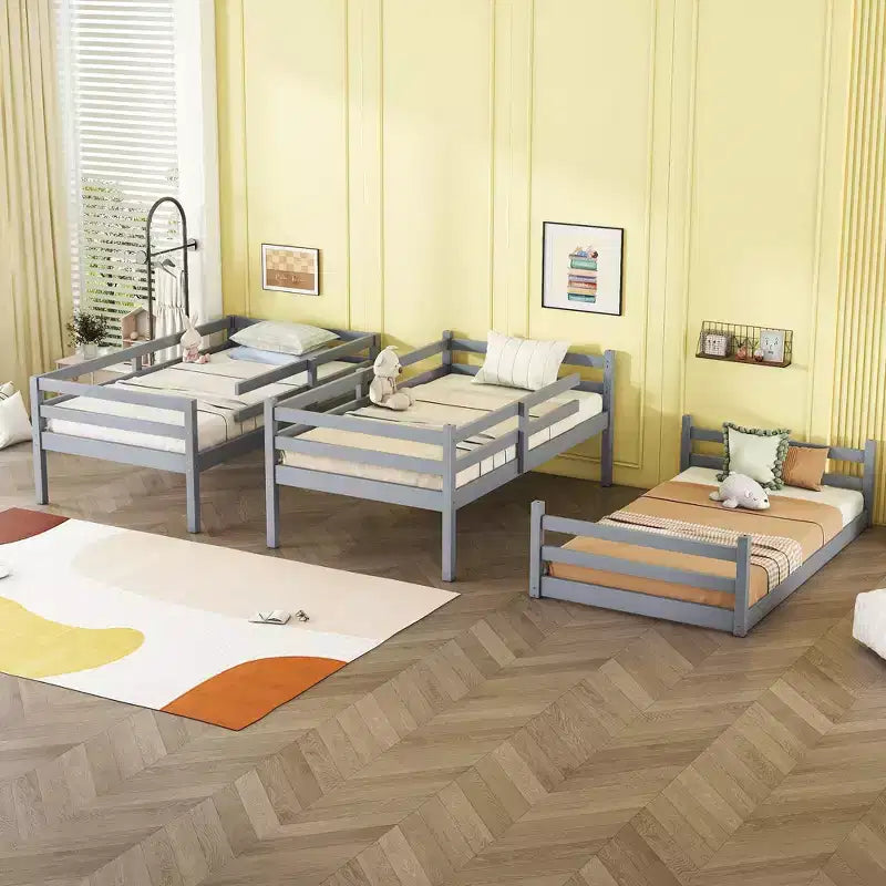 Letto a castello triplo grigio per 3, piazza e mezza su piazza e mezza su piazza e mezza, smontabile, con scalette e sponde di sicurezza