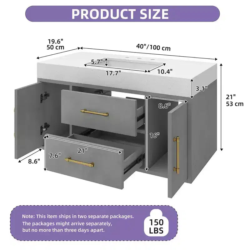 Mobile lavabo sospeso grigio da 100 cm con 2 ante e 2 cassetti, singolo