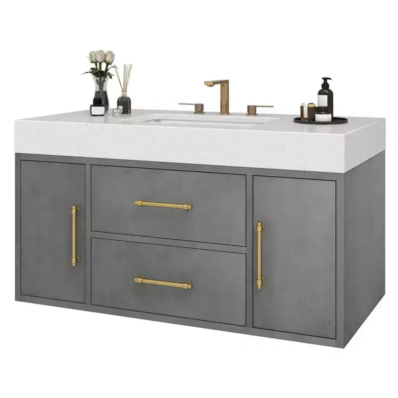 Mobile lavabo sospeso grigio da 100 cm con 2 ante e 2 cassetti, singolo