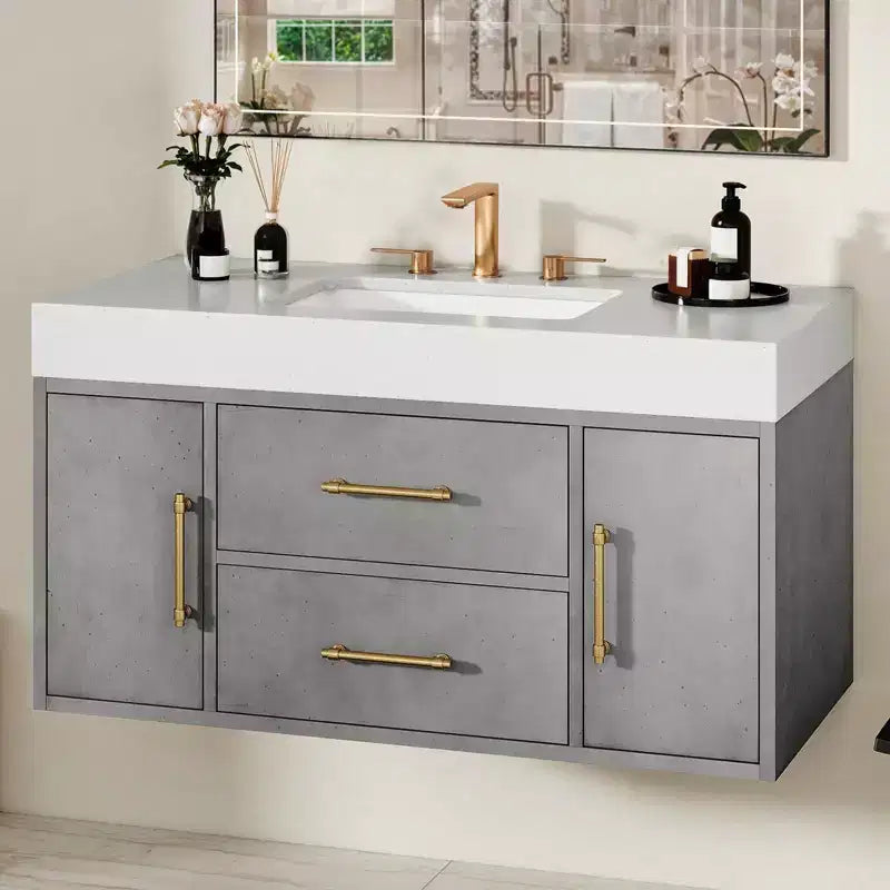Mobile lavabo sospeso grigio da 100 cm con 2 ante e 2 cassetti, singolo