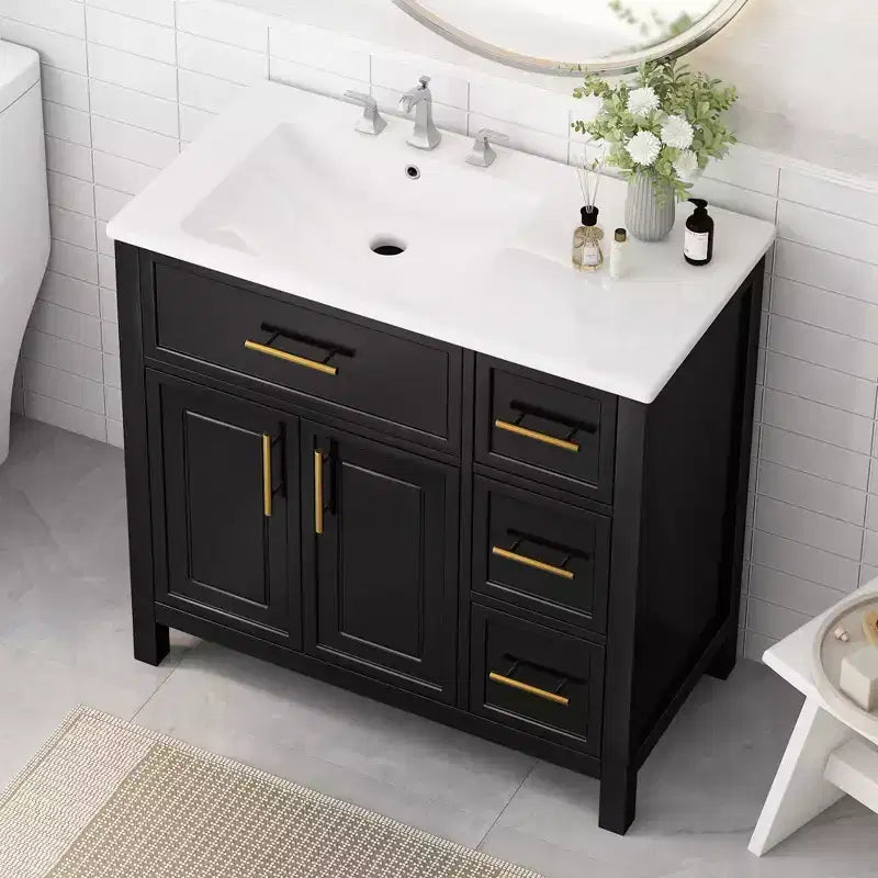 Mobile da bagno bianco da 36" con lavabo singolo, cassetti e armadietto, maniglie dorate