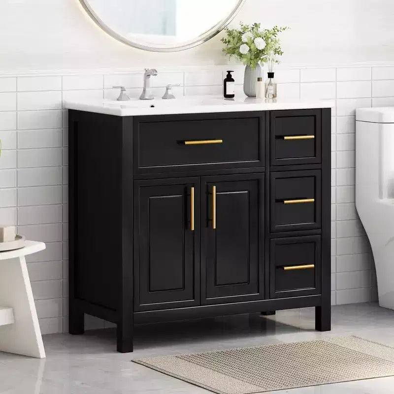 Mobile da bagno bianco da 36" con lavabo singolo, cassetti e armadietto, maniglie dorate