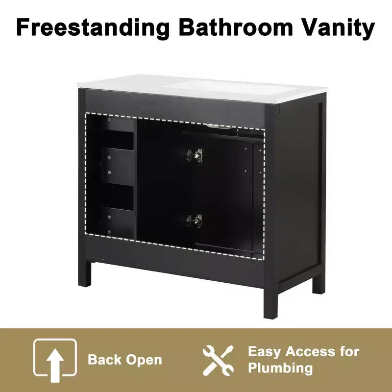 Mobile da bagno bianco da 36" con lavabo singolo, cassetti e armadietto, maniglie dorate