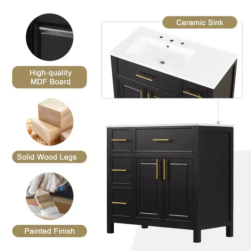 Mobile da bagno bianco da 36" con lavabo singolo, cassetti e armadietto, maniglie dorate