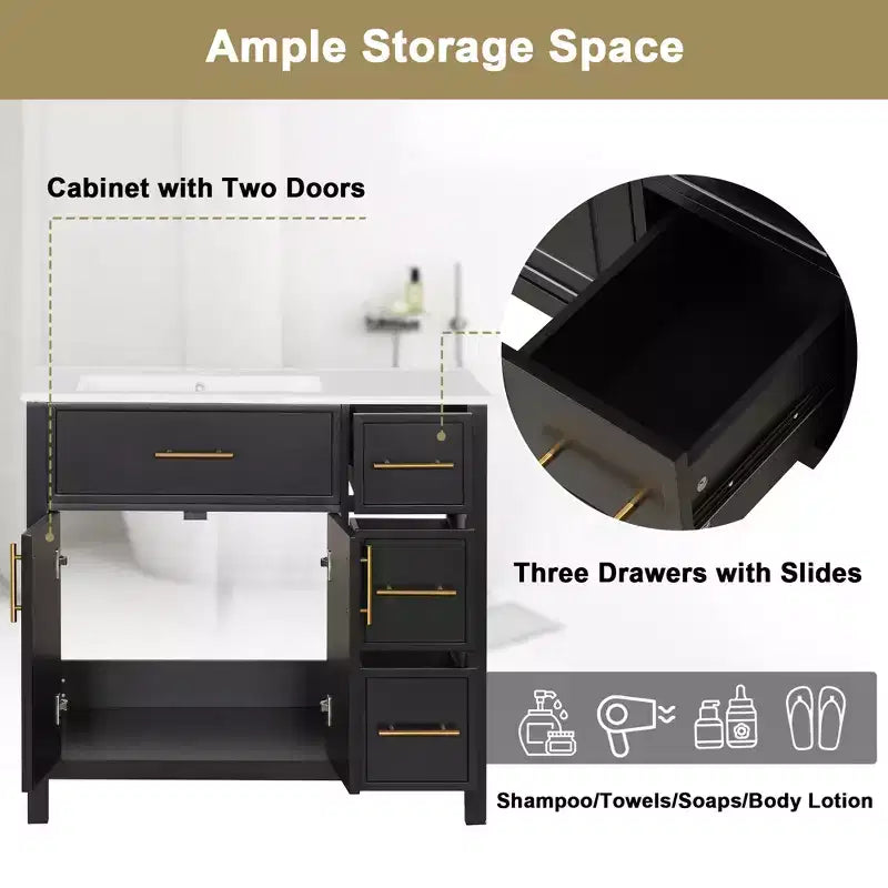 Mobile da bagno bianco da 36" con lavabo singolo, cassetti e armadietto, maniglie dorate