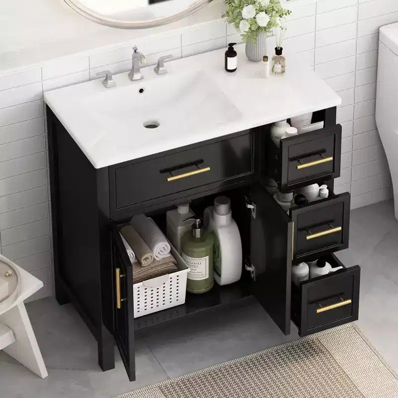 Mobile da bagno bianco da 36" con lavabo singolo, cassetti e armadietto, maniglie dorate