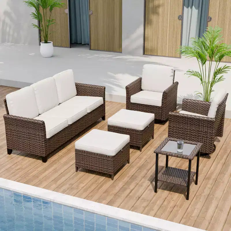 EAGLE PEAK Ocean Vista, set da 6 pezzi in vimini marrone di varie tonalità, divano e poltrone girevoli, divano a 3 posti