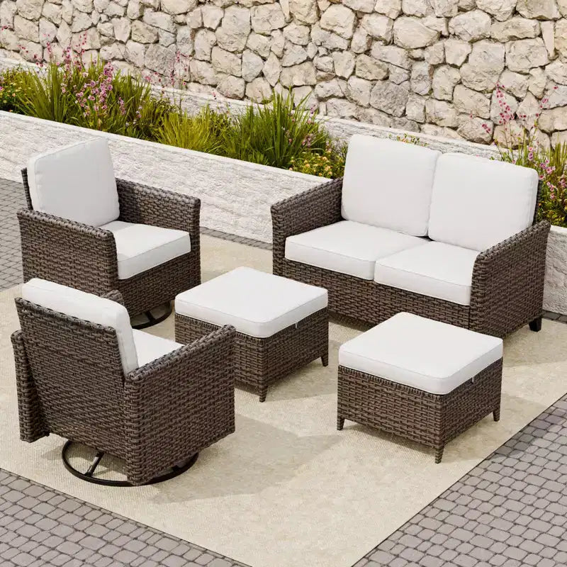 EAGLE PEAK Ocean Vista Set da Conversazione 5 Pezzi per Patio in Vimini Marrone Variato con Poltrone Girevoli, Divanetto
