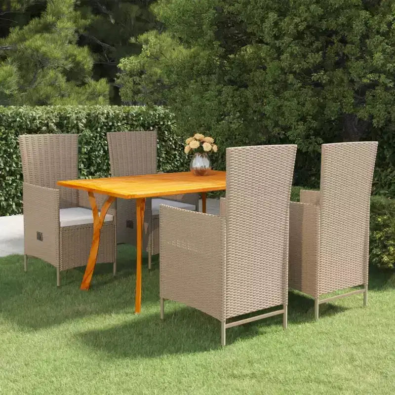 vidaXL Set da pranzo beige in legno massello di acacia, rattan PE, cuscini in poliestere
