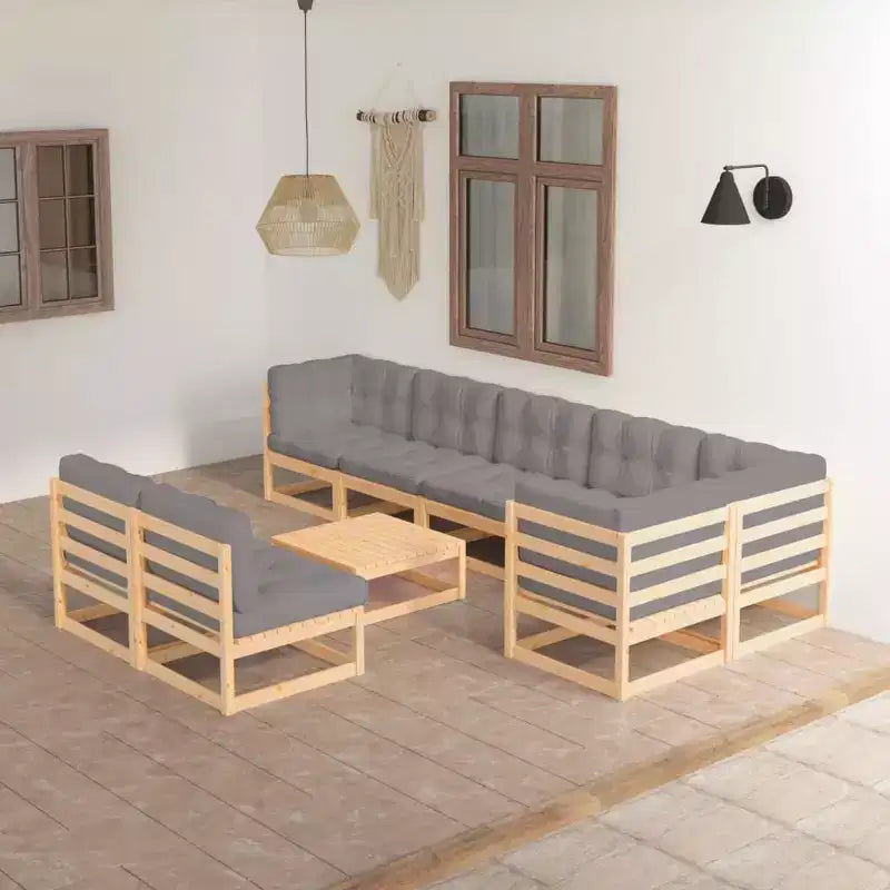 vidaXL Set Mobili da Giardino 9 pz Divano Sezionale da Esterno in Legno Massello di Pino - Naturale con Cuscini