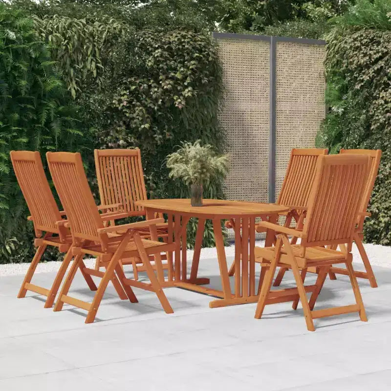 vidaXL Set da pranzo da esterno in legno massello di eucalipto con sedie reclinabili e foro per ombrellone - Set da pranzo da giardino, stile rustico, marrone
