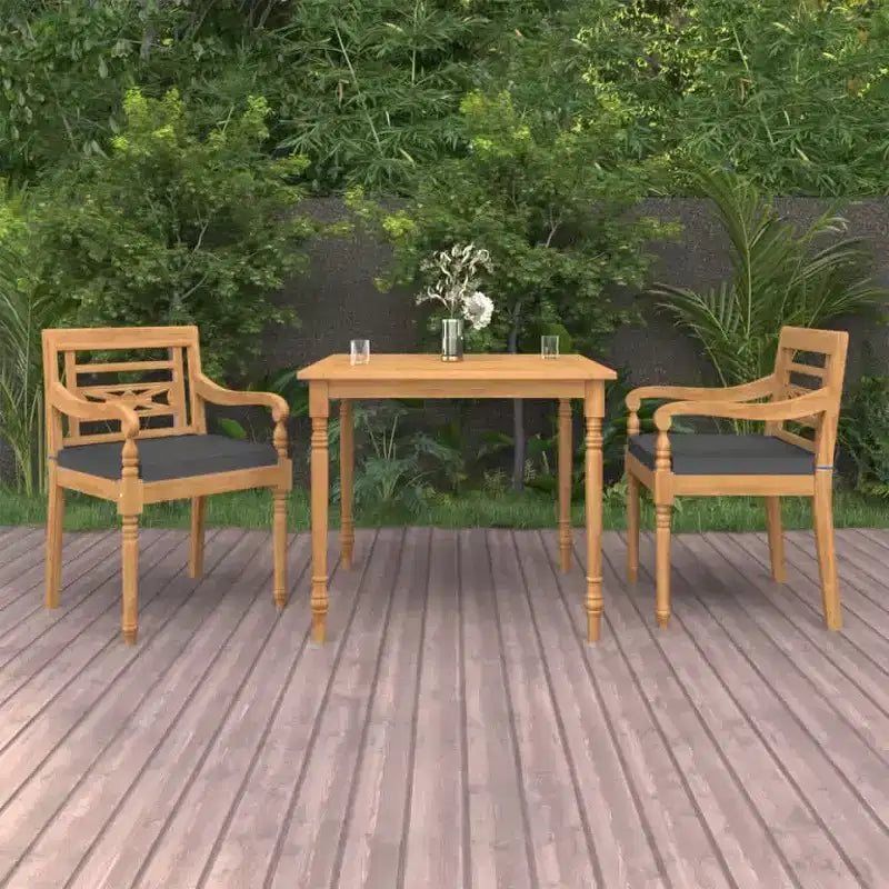 vidaXL Set da pranzo per esterni - Set da patio 3 pezzi, Legno massello di teak, Tavolo quadrato, Stile retrò, Sedie imbottite, Cuscini grigio scuro
