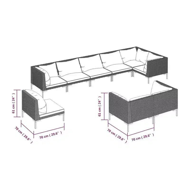 vidaXL Set Divani da Giardino 9 pz con Cuscini Rattan Tondo Grigio Scuro