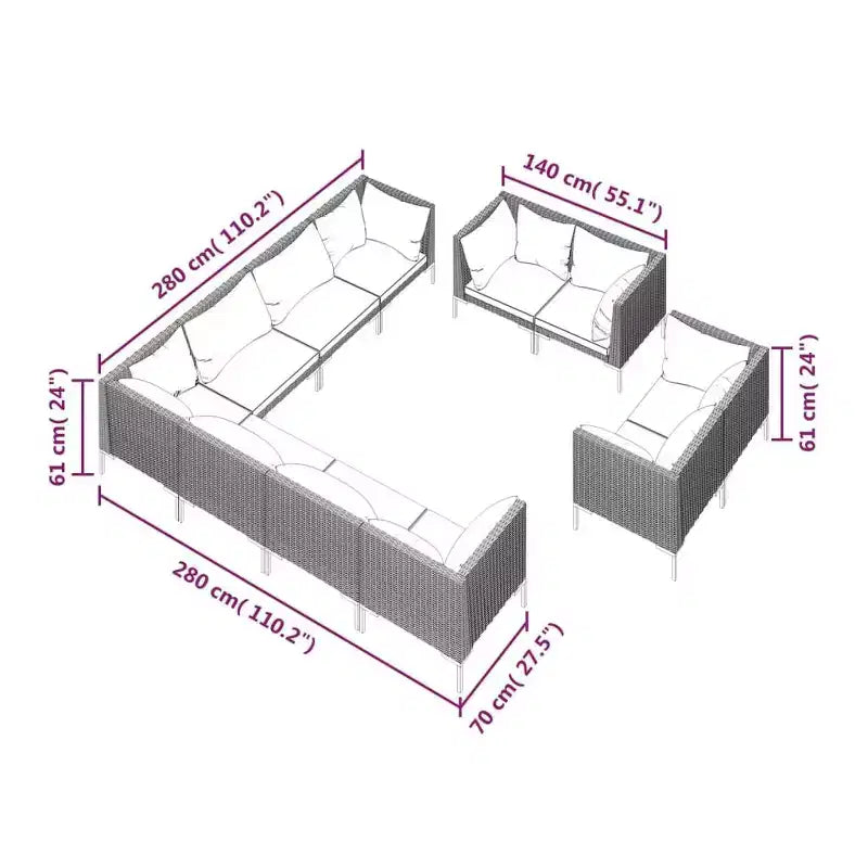 vidaXL Set salotto da giardino, Divano angolare componibile in polyrattan, Grigio scuro