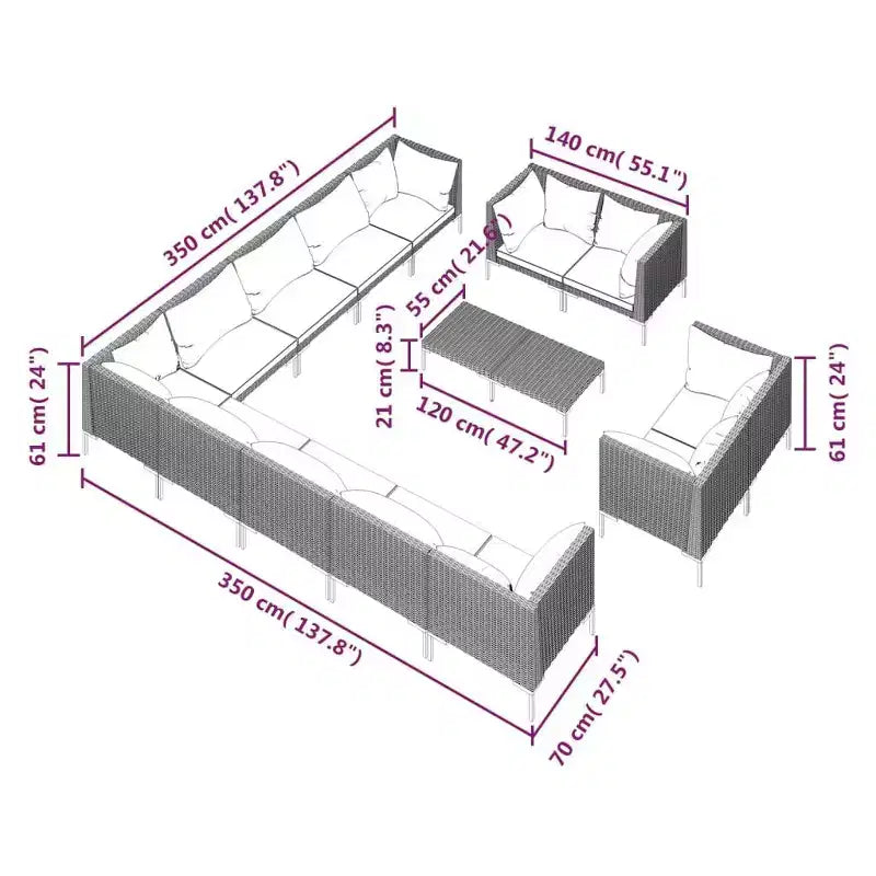 vidaXL Set da Salotto da Esterno a 14 Pezzi Divano Sezionale Grigio Scuro in Poly Rattan con Cuscini per Giardino/Patio/Terrazza