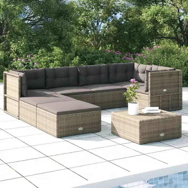 vidaXL - Set di mobili da giardino da 7 pezzi - Divano componibile in polyrattan grigio con cuscini - Sedute modulari per esterni - Sedili regolabili