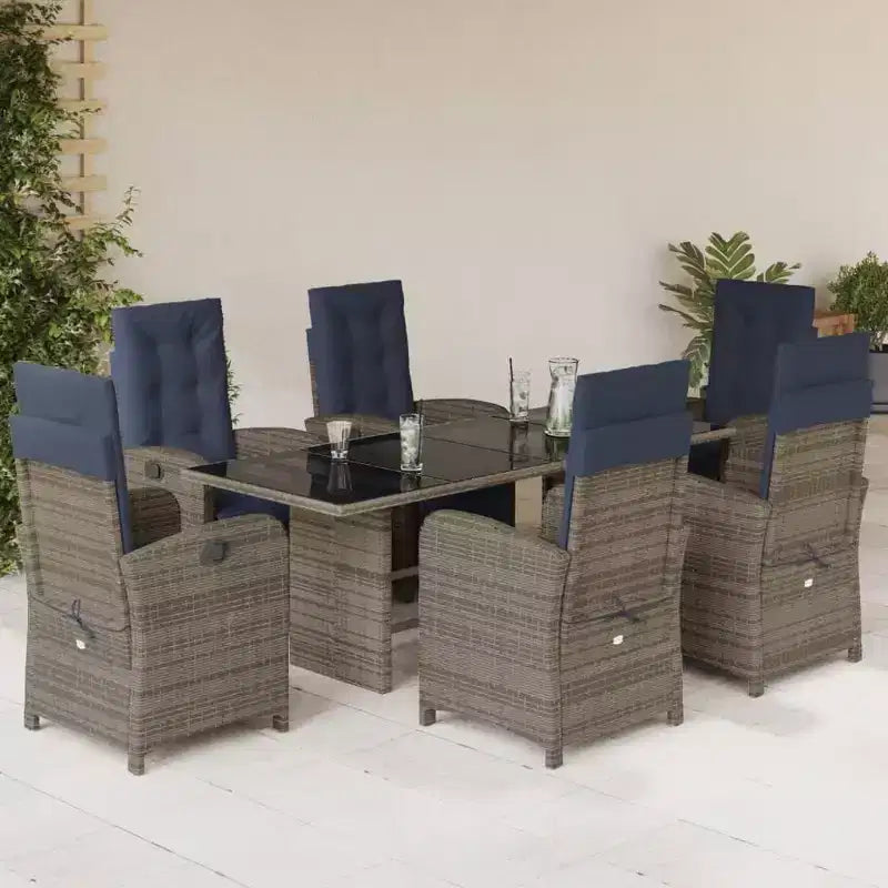 vidaXL Set da Pranzo da Giardino 7 Pezzi in Polyrattan Grigio con Cuscini Blu Scuro - Sedie Reclinabili Regolabili e Tavolo con Piano in Vetro Temperato per Giardino/Esterni/Balcone