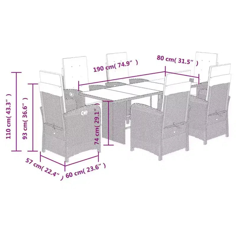 vidaXL Set da Pranzo da Giardino 7 Pezzi in Polyrattan Grigio con Cuscini Blu Scuro - Sedie Reclinabili Regolabili e Tavolo con Piano in Vetro Temperato per Giardino/Esterni/Balcone