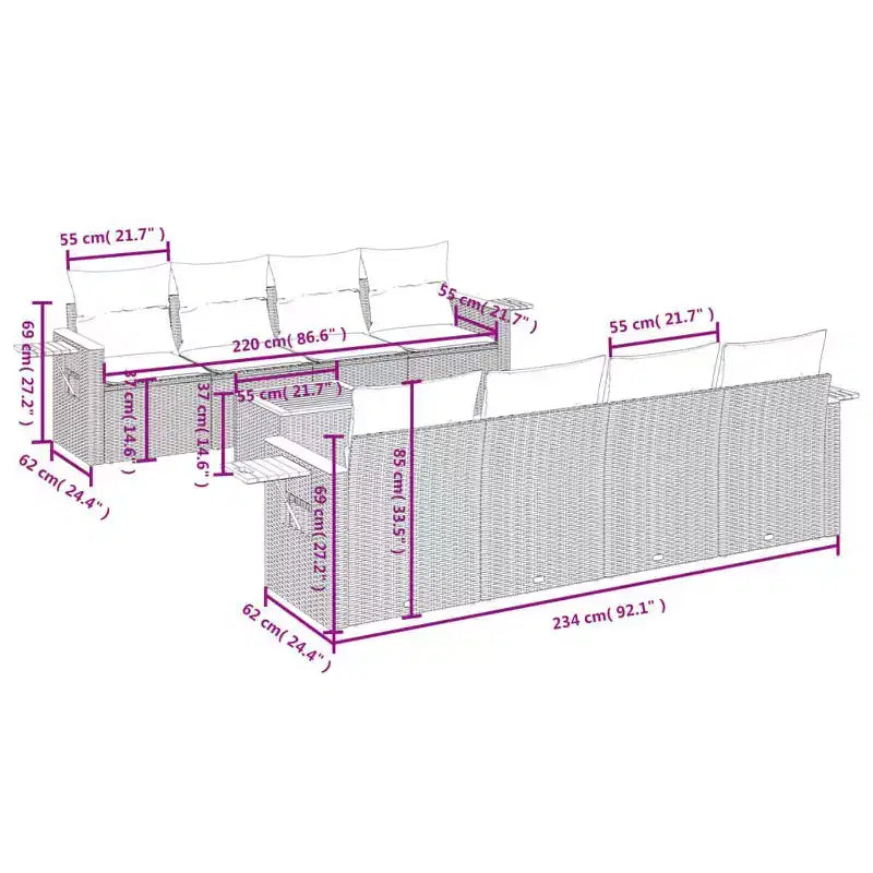 vidaXL Salotto da Giardino Nero in Rattan PE Larghezza 234 cm