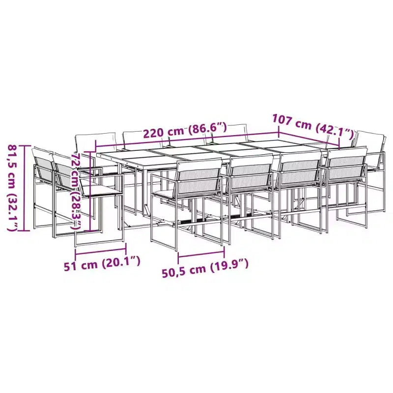 vidaXL Set da pranzo da esterno con cuscini 13 pz in textilene nero - Sedie pieghevoli salvaspazio, Resistente ai raggi UV, Tavolo in vetro temperato