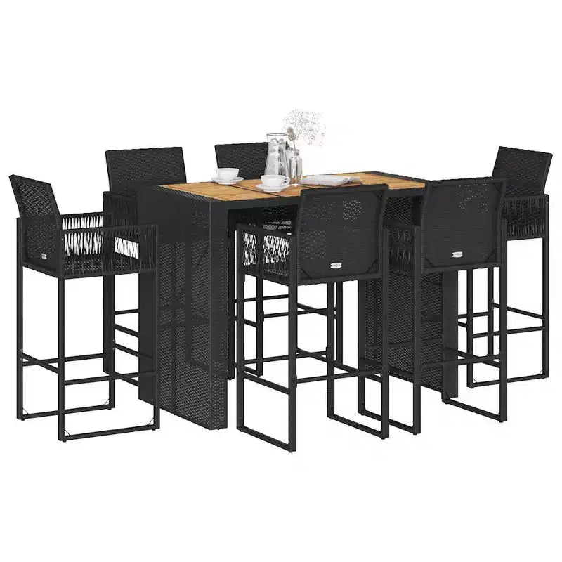 vidaXL Set da Bar 7 Pezzi da Esterno Nero - Polyrattan e Legno di Acacia Resistente alle Intemperie con Sgabelli