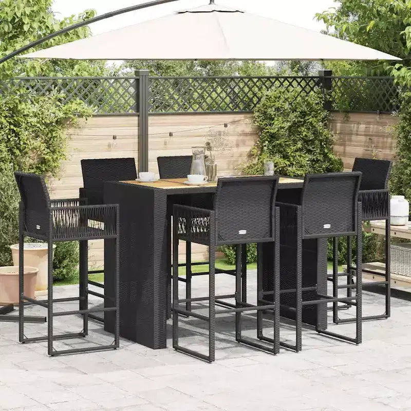 vidaXL Set da Bar 7 Pezzi da Esterno Nero - Polyrattan e Legno di Acacia Resistente alle Intemperie con Sgabelli
