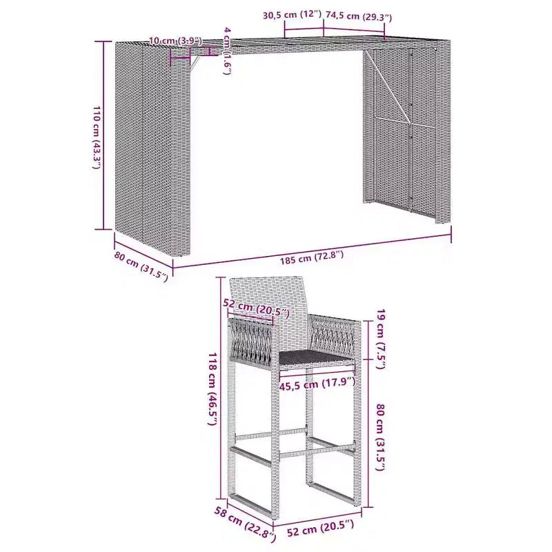 vidaXL Set da Bar 7 Pezzi da Esterno Nero - Polyrattan e Legno di Acacia Resistente alle Intemperie con Sgabelli