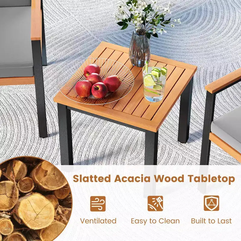 Costway Set Arredo da Giardino 3 Pezzi con Tavolino Cuscini Rimovibili Braccioli in Legno di Acacia Nero/Grigio