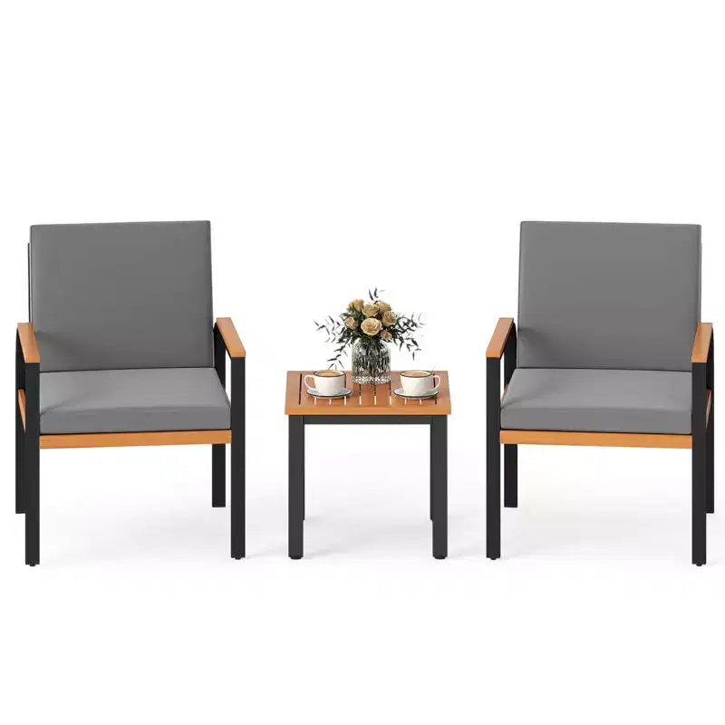 Costway Set Arredo da Giardino 3 Pezzi con Tavolino Cuscini Rimovibili Braccioli in Legno di Acacia Nero/Grigio