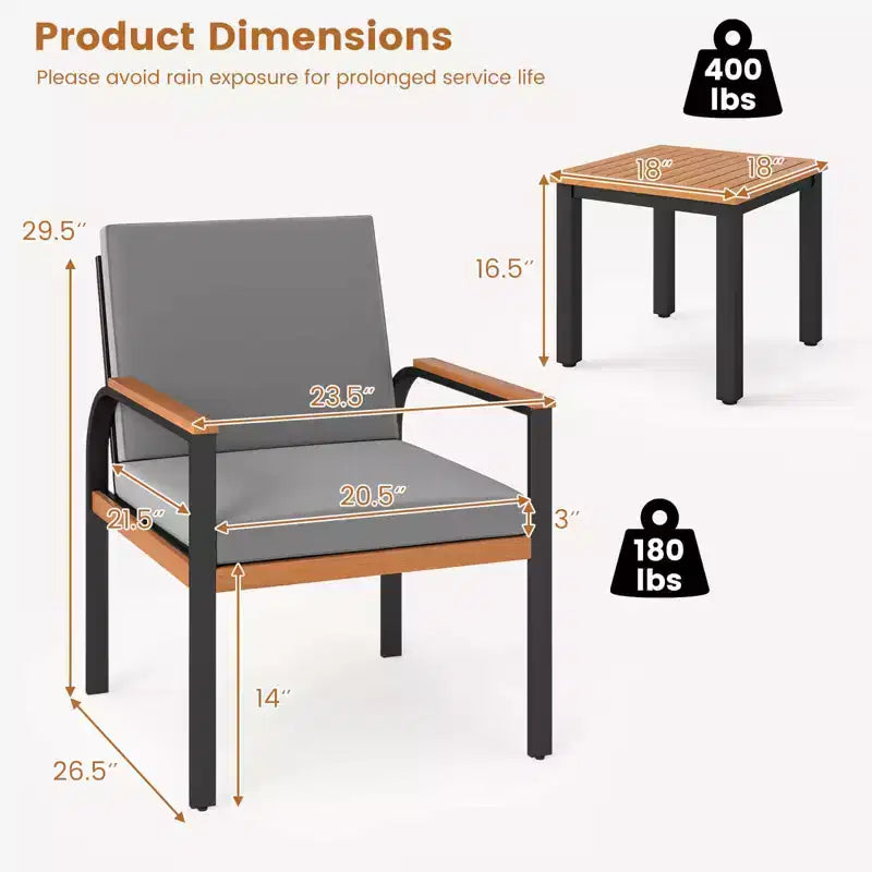 Costway Set Arredo da Giardino 3 Pezzi con Tavolino Cuscini Rimovibili Braccioli in Legno di Acacia Nero/Grigio