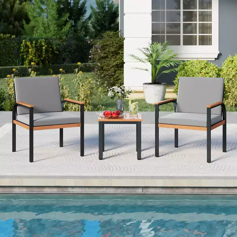 Costway Set Arredo da Giardino 3 Pezzi con Tavolino Cuscini Rimovibili Braccioli in Legno di Acacia Nero/Grigio