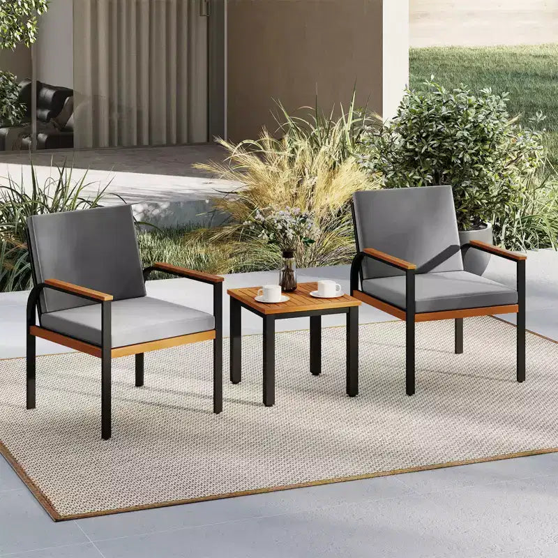 Costway Set Arredo da Giardino 3 Pezzi con Tavolino Cuscini Rimovibili Braccioli in Legno di Acacia Nero/Grigio